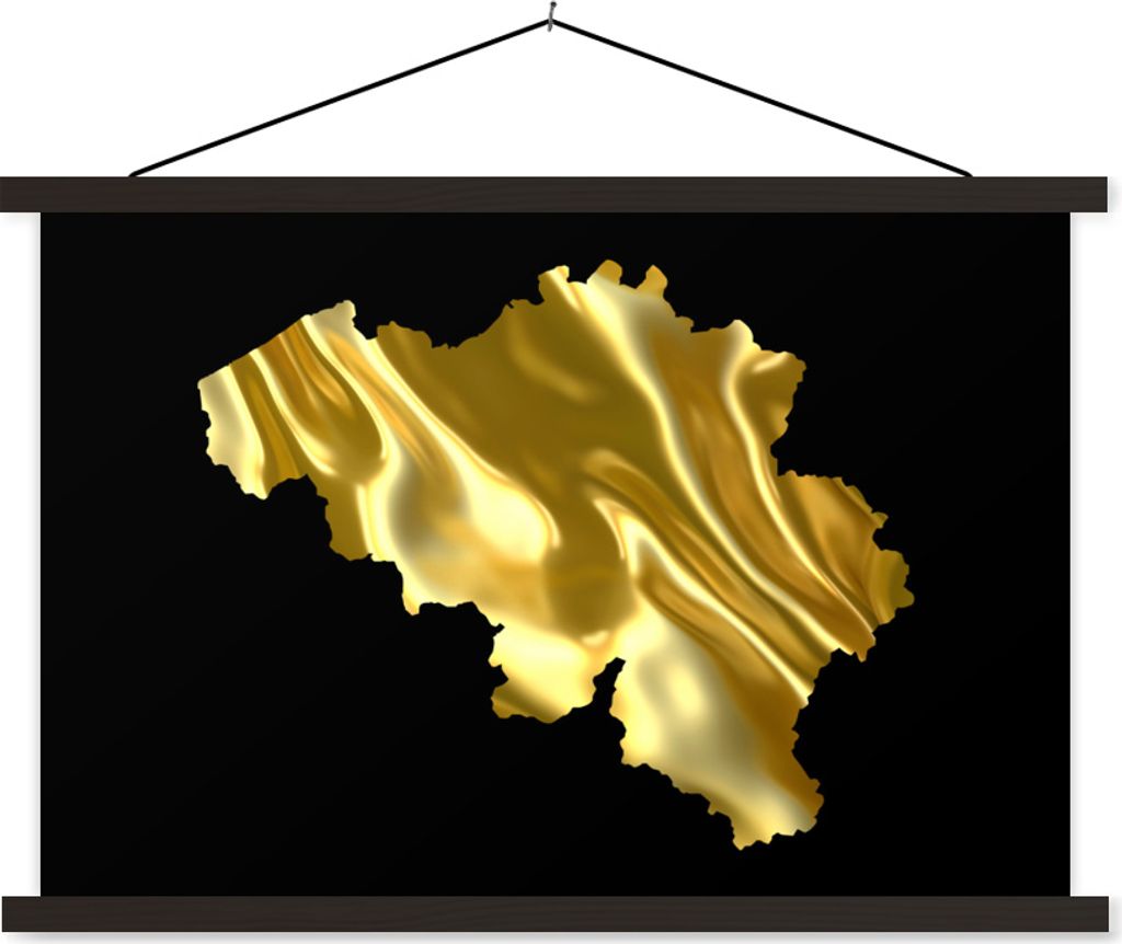 MuchoWow Textilposter Karte - Belgien - Gold 90x60 cm mit schwarzem Rahmen - Aufhängungssatz
