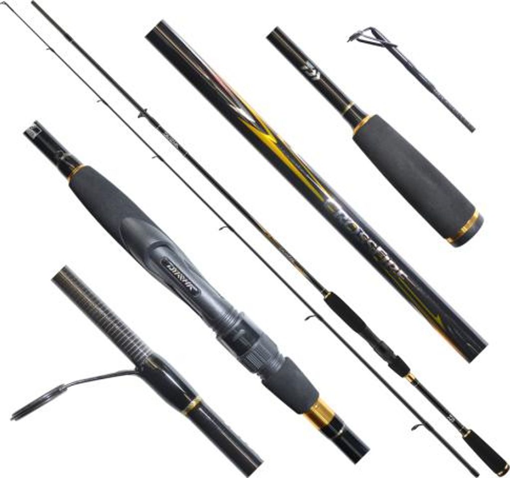 Multiple parts of fishing rods are arranged diagonally on a white background.