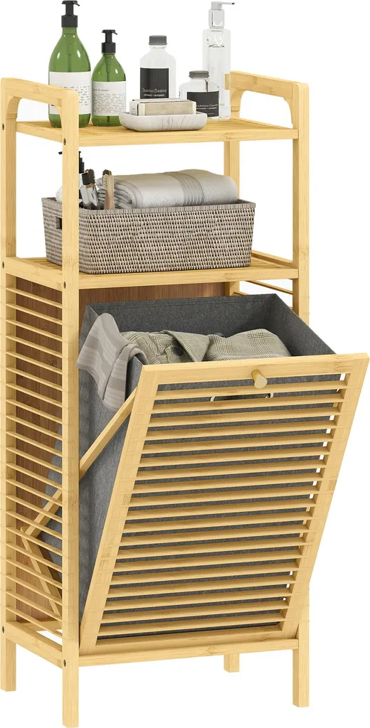 Colonne de Salle de Bain 2-en-1 avec Bac à Linge et Étagère en Bois