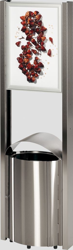 Robuster Standabfallsammler mit Schutzdach & Werbefläche für den Aussenbereich | 50 Liter, HxBxT 180x48x35cm | Edelstahl