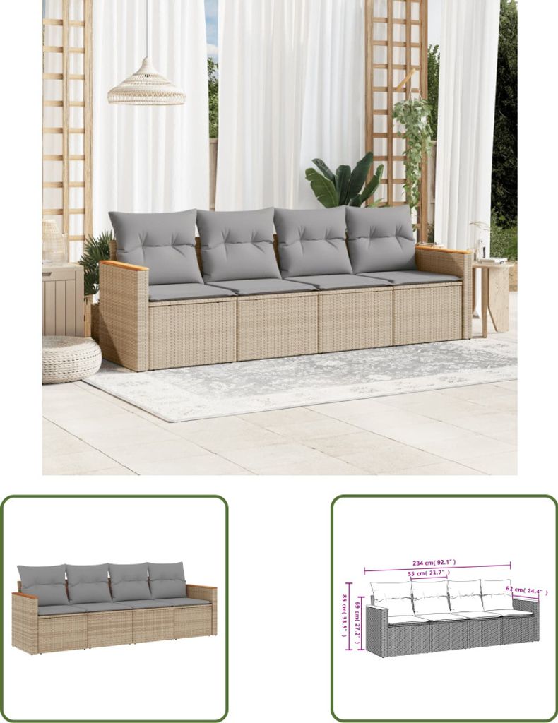 The Living Store 4-tlg. Garten-Sofagarnitur mit Kissen Beige Poly Rattan