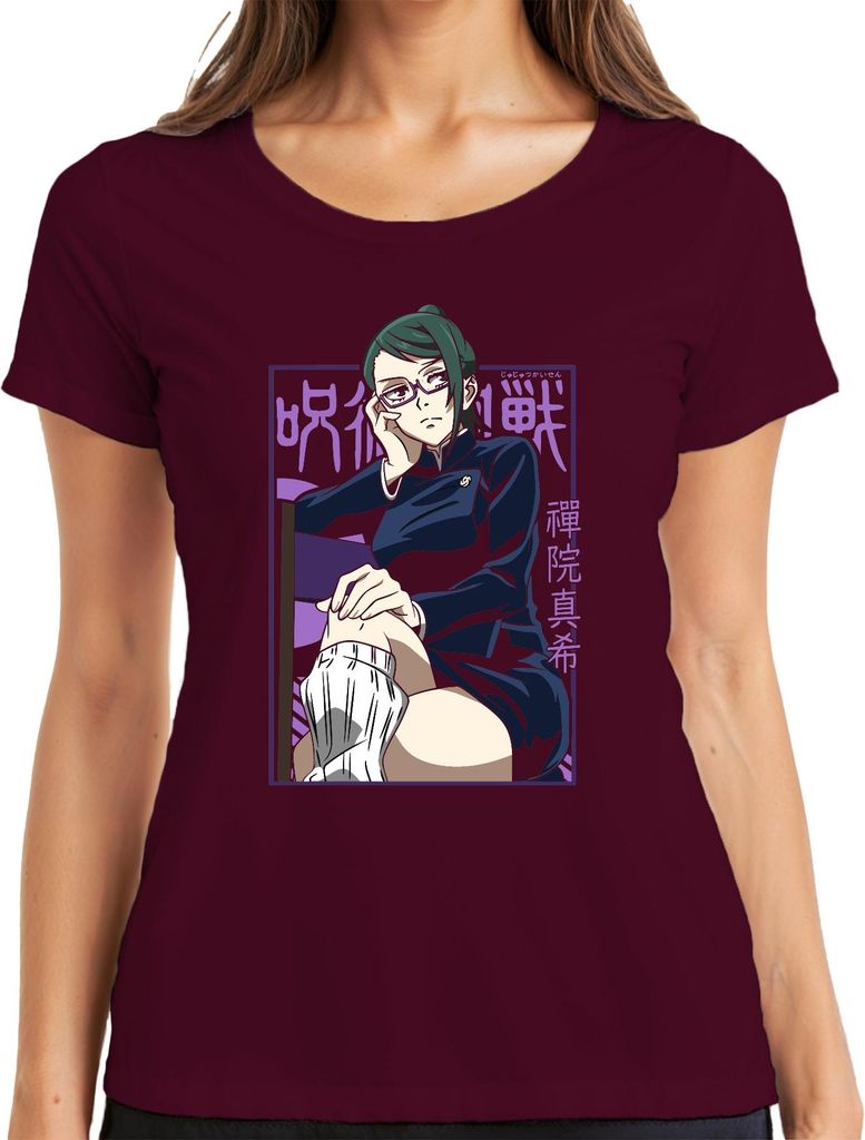 Maki Zenin Jujutsu Kaisen Anime Ästhetik Brille Kämpferin Geschenk Damen T-Shirt, Burgundy, M