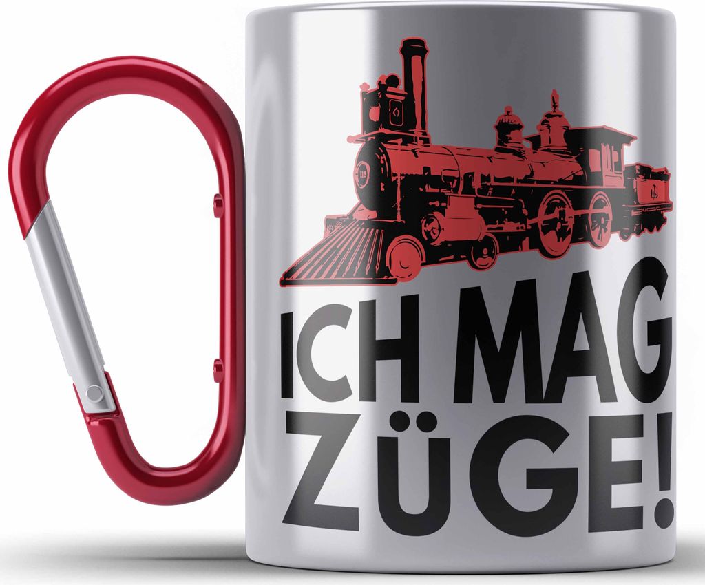 Trendation - ich Mag Züge Edelstahl Tasse Karabiner Geschenk Eisenbahner Lokführer Spruch Lokomotive Geschenkidee Eisenbahn (Rot)