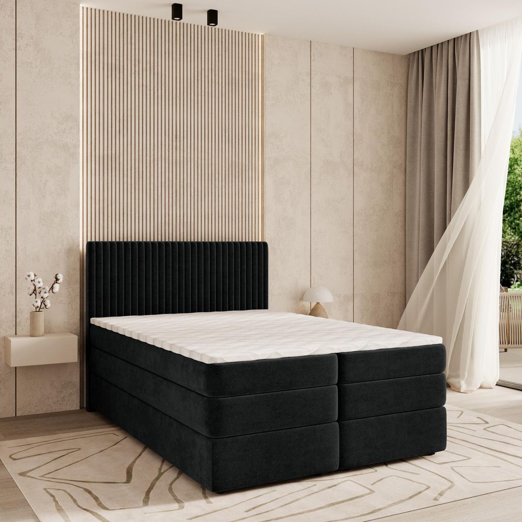 Masseno Boxspringbett FELBIO 180x200 cm Komplett-Set mit Bonell Matratze und Topper, Polsterbett mit Bettkästen -Schwarz, KRONOS 07