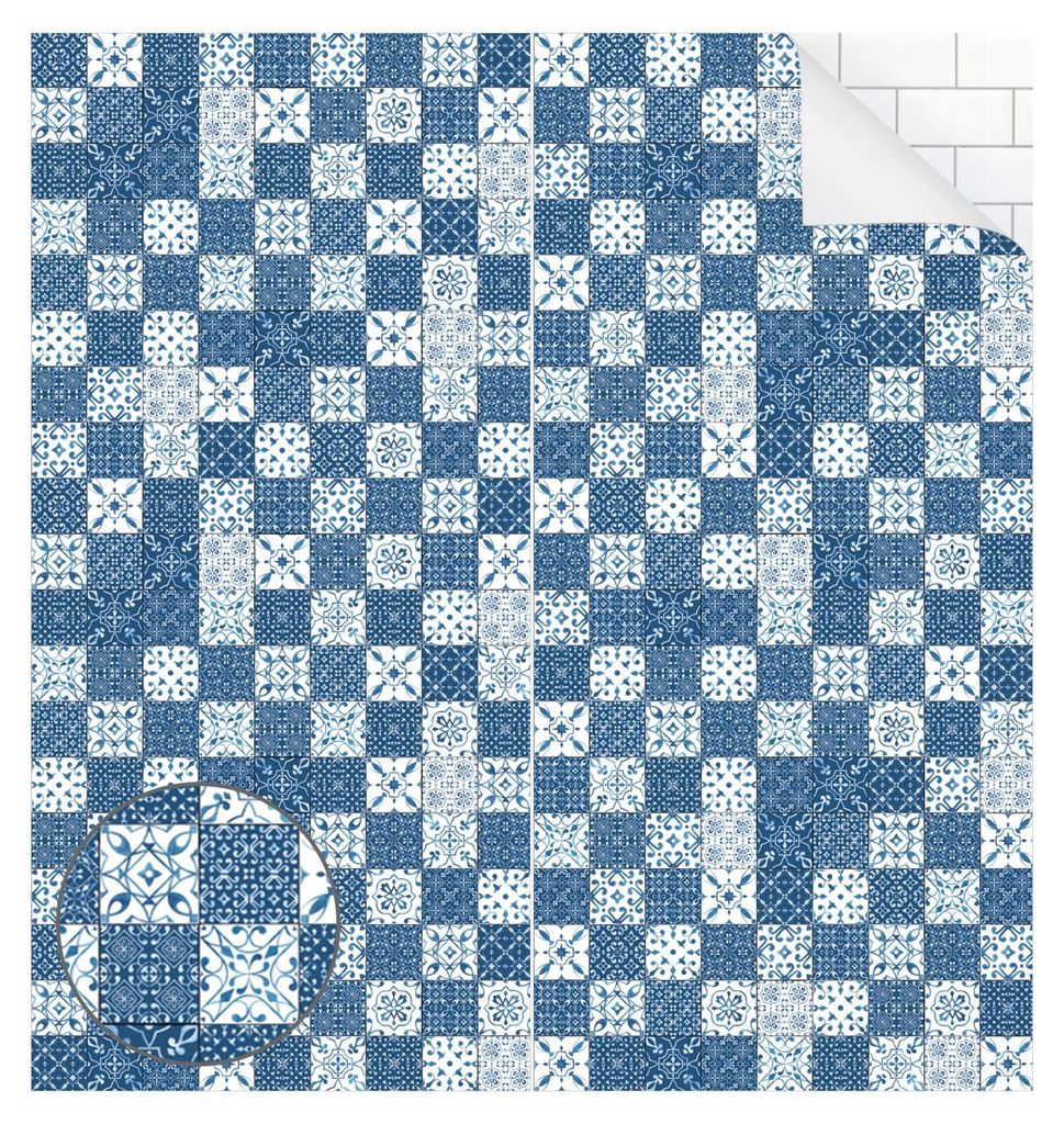 Duschrückwand Muster selbstklebend - 0.61 mm Wandpaneel wasserfest Design blau Fliesenoptik Illustration Badrückwand fugenlos Premium matt 90x190 cm
