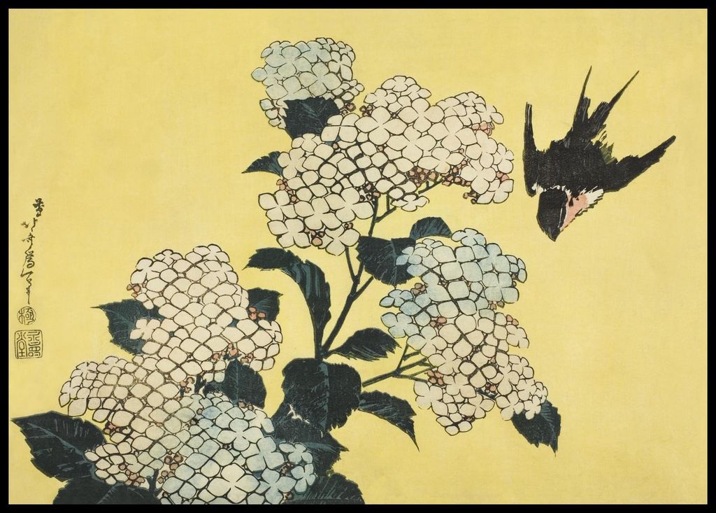 Plakat 84x59,5cm Hortensie und Schwalbe, Hokusai Japanisch Vintage für das Wohnzimmer