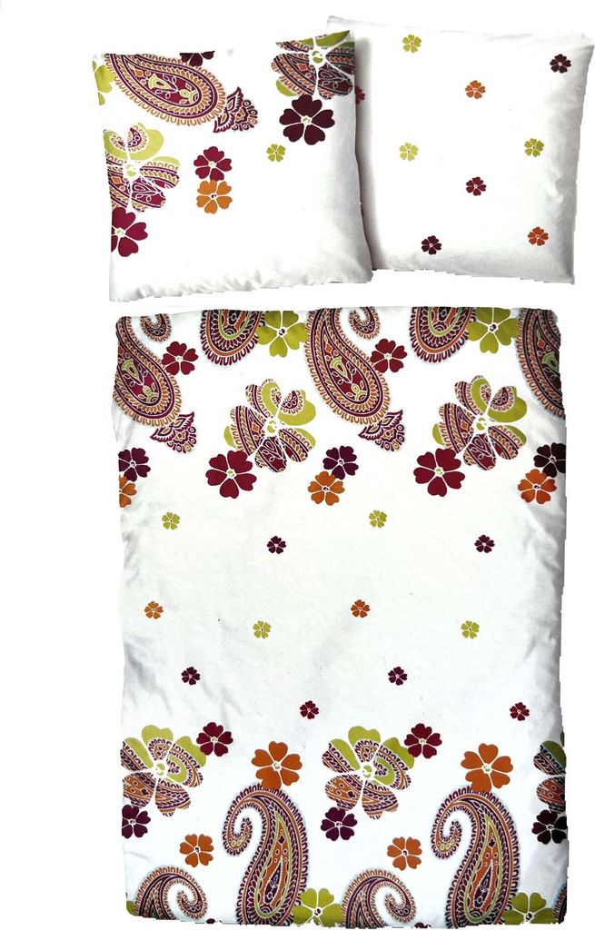 Baumwolle Satin Bettwäsche Blumen Ornamente Weiß Bunt 135x200 80x80: 4 tlg.