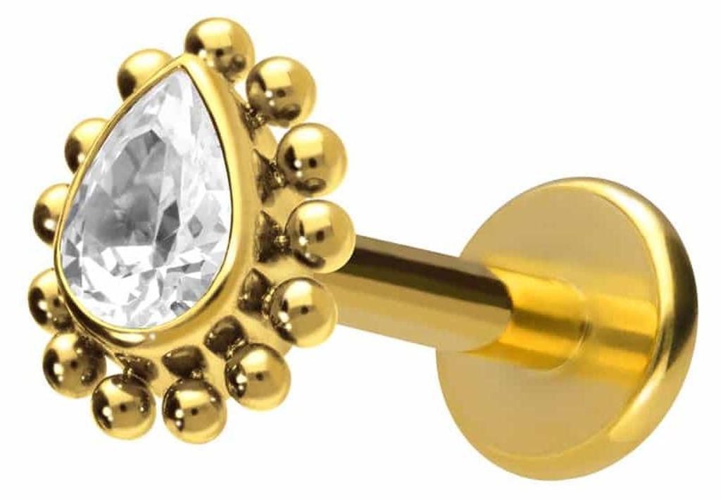 Ohrpiercing, Nasenpiercing Titan Labret mit Innengewinde KRISTALLTROPFEN + KUGELN Gold Stablänge: 10mm | Stabstärke: 1,6mm