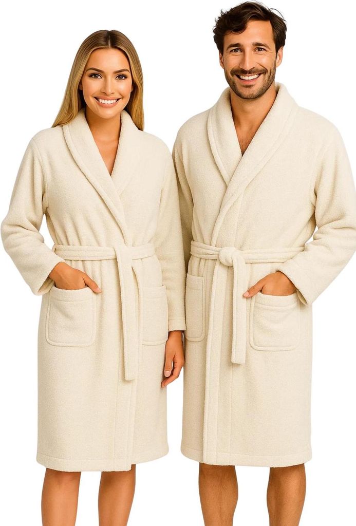 A man and a woman are standing side-by-side, both wearing cream-colored bathrobes.