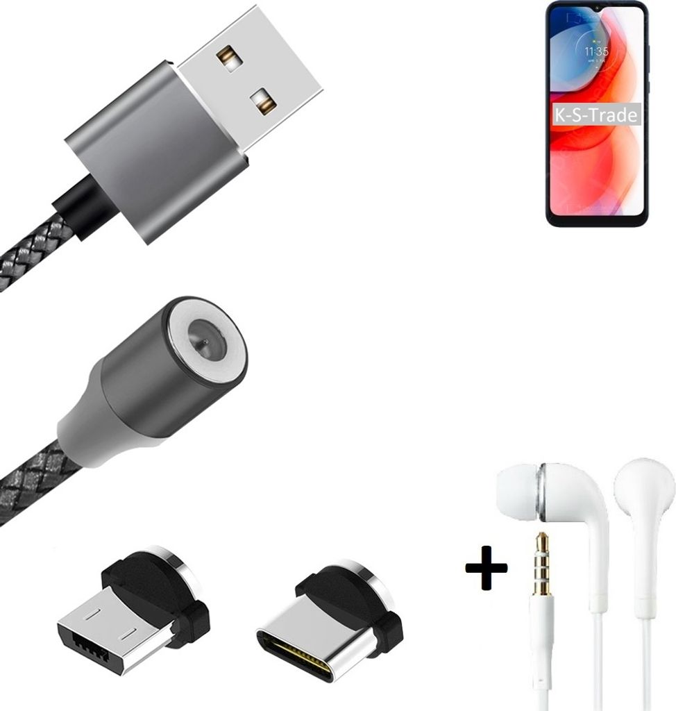 K-S-Trade Hochwertiges Magnet-Lade-kabel Sync-Kabel Daten-Kabel + Kopfhörer kompatibel mit Motorola Moto G Play (2021) mit USB-Typ-C-Anschluss und