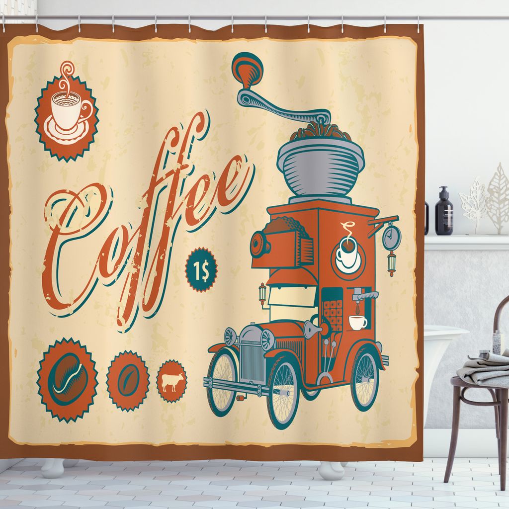 ABAKUHAUS Retro Duschvorhang, LKW-Kaffeemühle, Klare Farben aus Stoff inkl.12 Haken Farbfest Schimmel und Wasser Resistent, 175 x 220 cm, Creme or...