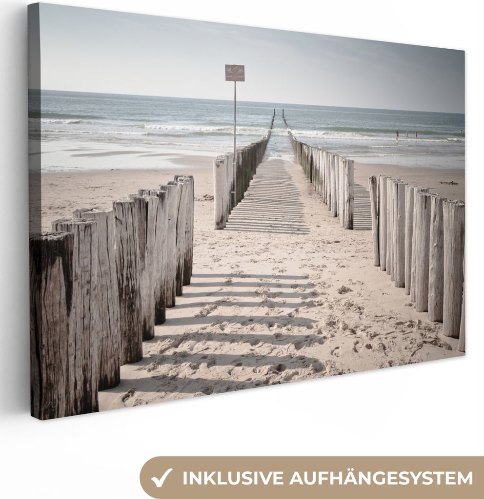 OneMillionCanvasses - Leinwandbilder - 140x90 cm, Strand - Zaun - Schatten, Wandbilder Kunstdruck Wanddekoration
