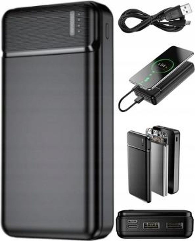 A collage of images showing a black power bank and its accessories, including a charging cable and a smartphone being charged wirelessly.