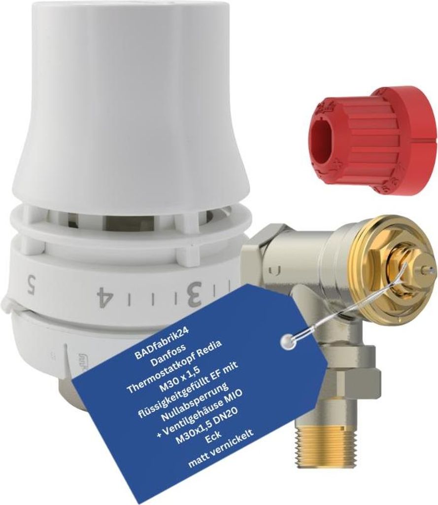 BADfabrik24 Danfoss Thermostatkopf Redia M30 x 1,5 flüssigkeitgefüllt EF mit Nullabsperrung + Ventilgehäuse MIO M30x1,5,DN20 R 3/4, Eck, matt v...