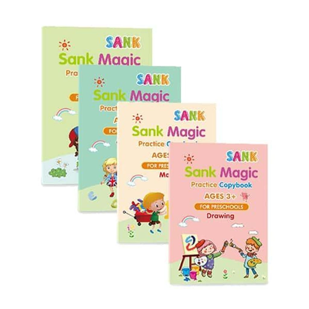 Arbeitshefte Set für Kinder 4er + magischer Stift, wiederverwendbar, Schreiben & Zeichnen lernen - KidBook