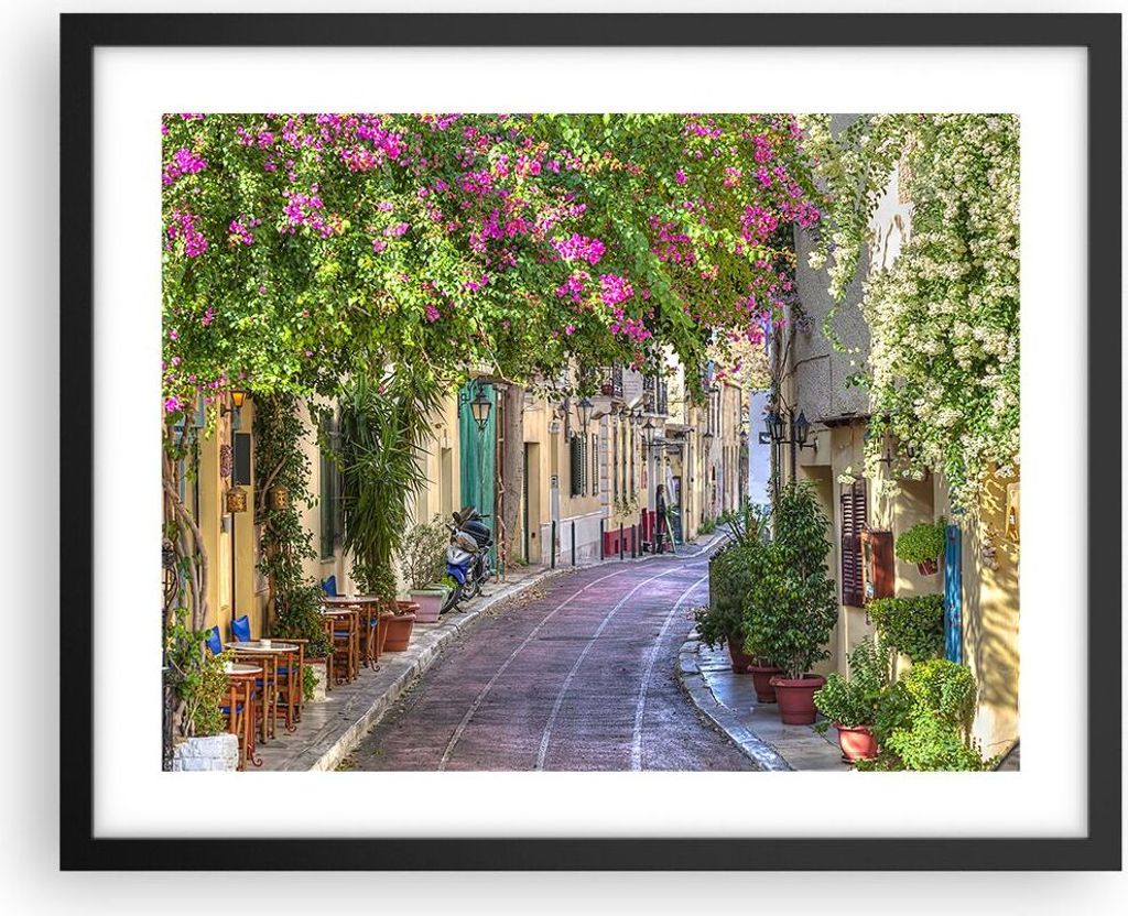Gerahmtes Poster - Schwarzer Rahmen - Straße dekoration blumen griechenland - 50x40 cm - Wand Bild - Wanddeko - Wandbilder - Wandposter - Bilderra...