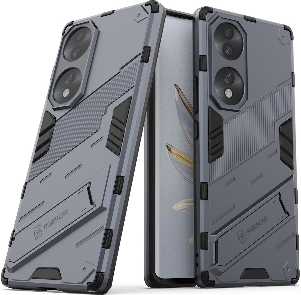 Armor Hülle für Honor 70, Hybrid PC TPU Bumper Stoßfestes Schutzhülle mit Standfunktion Grau