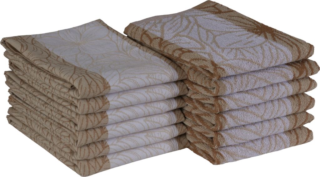 DoubleDry 12er Set Geschirrtücher und Küchtentücher Set - 100% Baumwolle - 6X 50x70cm und 6X 50x50cm - (Leaves, Hellbeige)