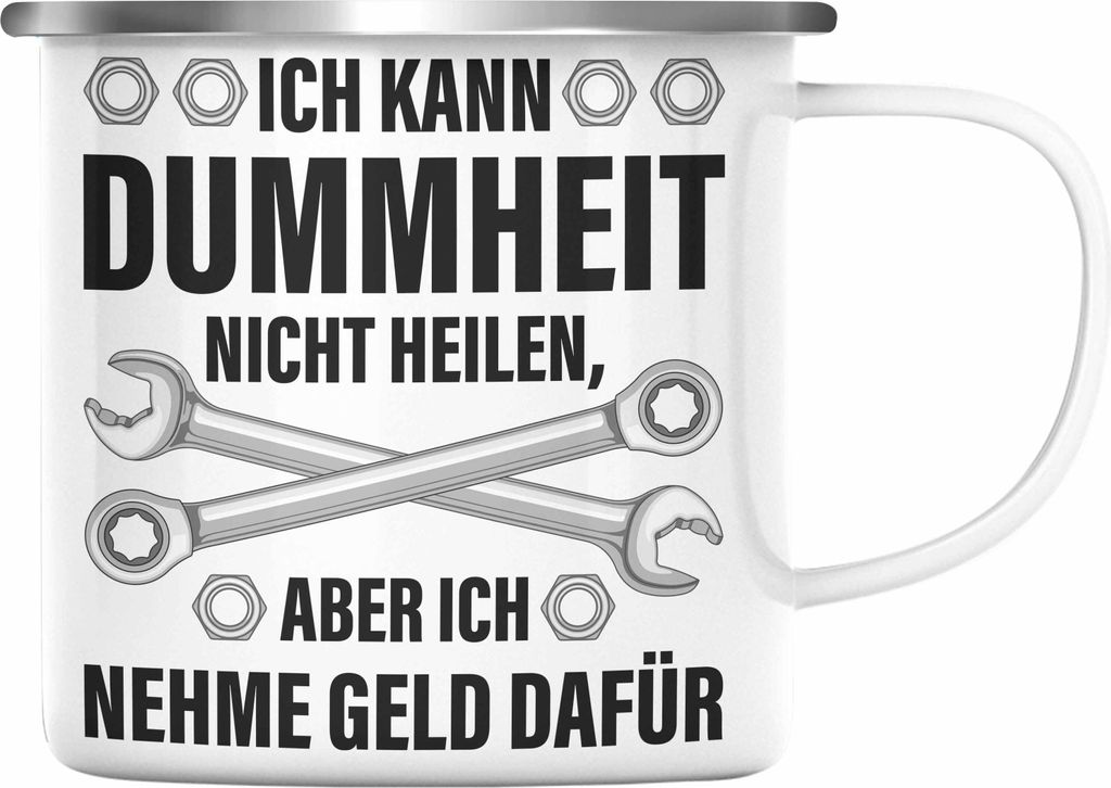 Trendation - KFZ Mechaniker Geschenk Lustig Emaille Tasse Automechaniker Handwerker Mechatroniker Werkstatt Emaille Tasse (Silber)