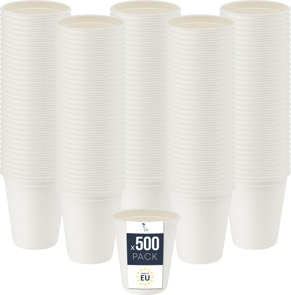 BenBow Einwegbecher aus Zuckerrohr, Weiß, 250 ml x 500 – Besser als Pappbecher, Umweltfreundlich, Ideal für Partys oder Kaffee