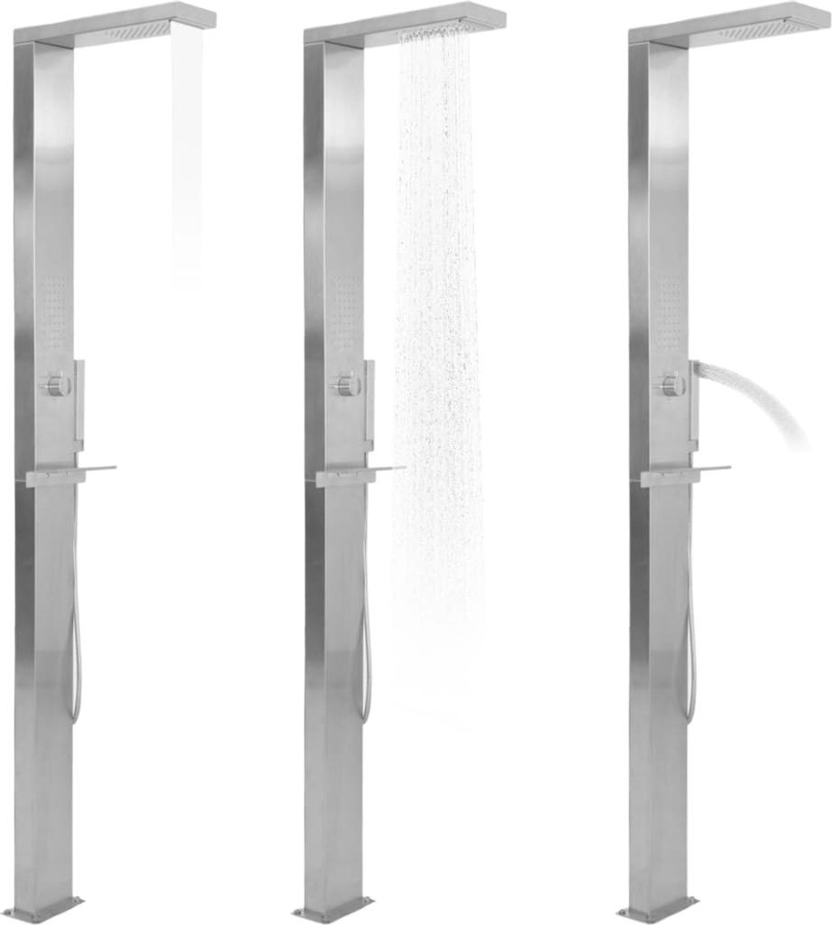 Three stainless steel outdoor shower columns are shown in different states of operation against a white background.