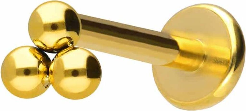 Ohrpiercing, Nasenpiercing Titan Labret mit Innengewinde 3 KUGELN Gold Stablänge: 10mm | Stabstärke: 1,2mm