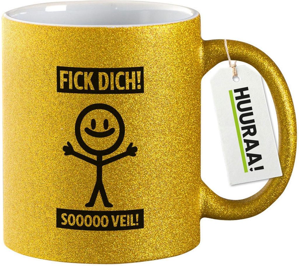 Huuraa Glitzertasse F*ck dick so viel Strichmännchen 330ml Gold Keramik Kaffeebecher Geschenkidee