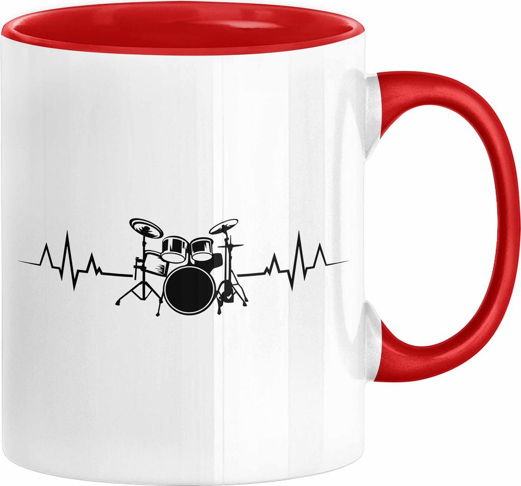 Drummer Schlagzeug-Spieler Geschenk Tasse Geschenkidee Kaffee-Becher Schlagzeuger Herzschlag (Rot)