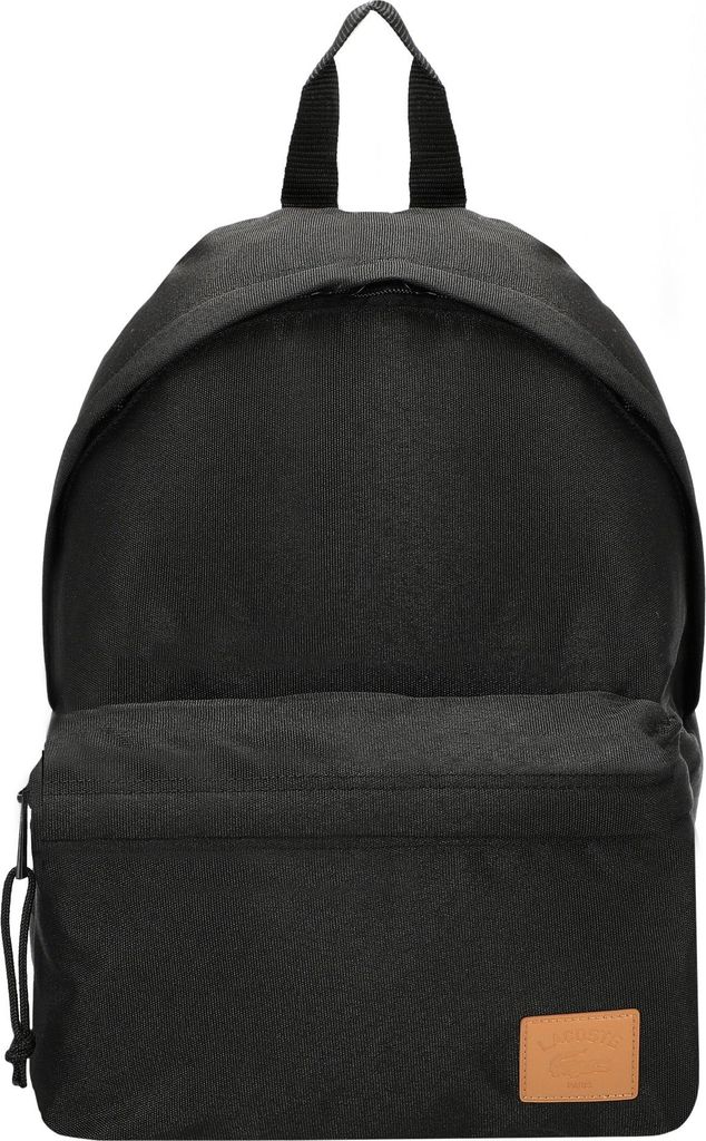A black backpack with a brown leather logo patch.