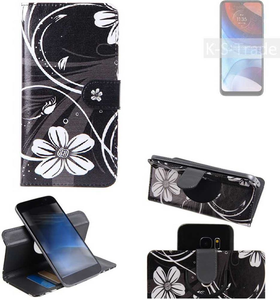 K-S-Trade Schutzhülle Handyhülle kompatibel mit Motorola Moto E7 Power Hülle 360° Wallet Case ''Flowers'' Klapphülle Hülle schwarz-weiß 1x