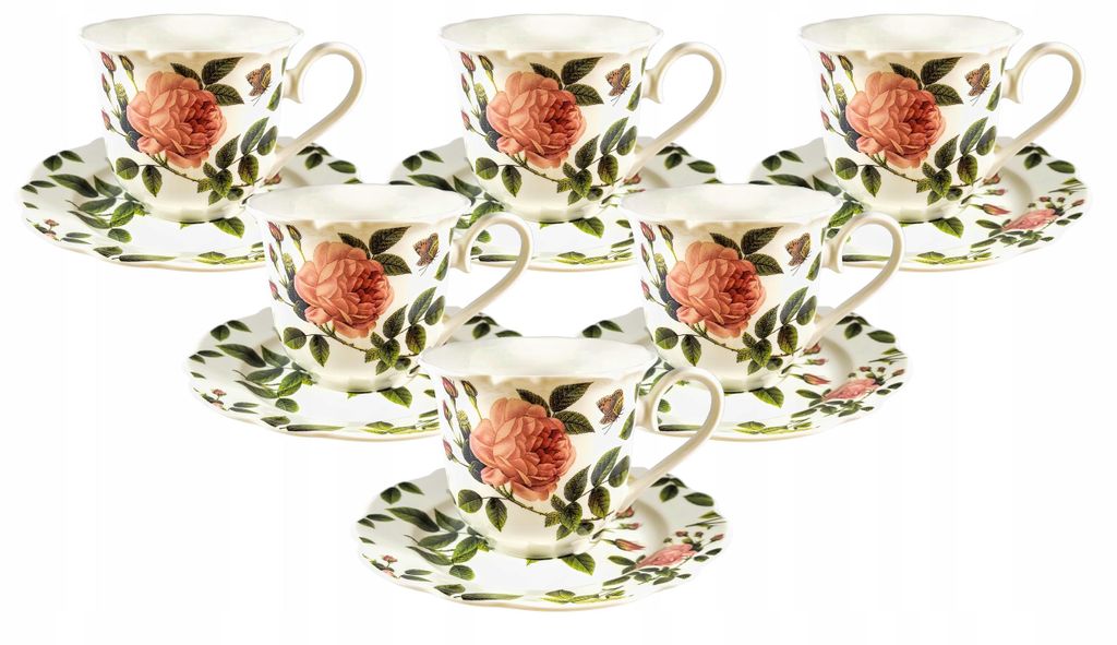 6er Set Kaffeetassen mit Untertassen 250 ml – Porzellan mit Rosen & Blumenmotiv, Geschenkbox, Kaffeeservice 12-teilig