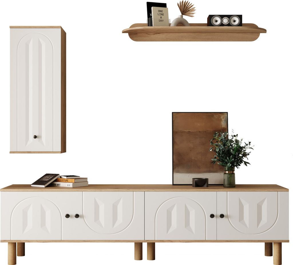 A living room furniture set including a wall cabinet, a media console, and a wall shelf, displayed against a white background.