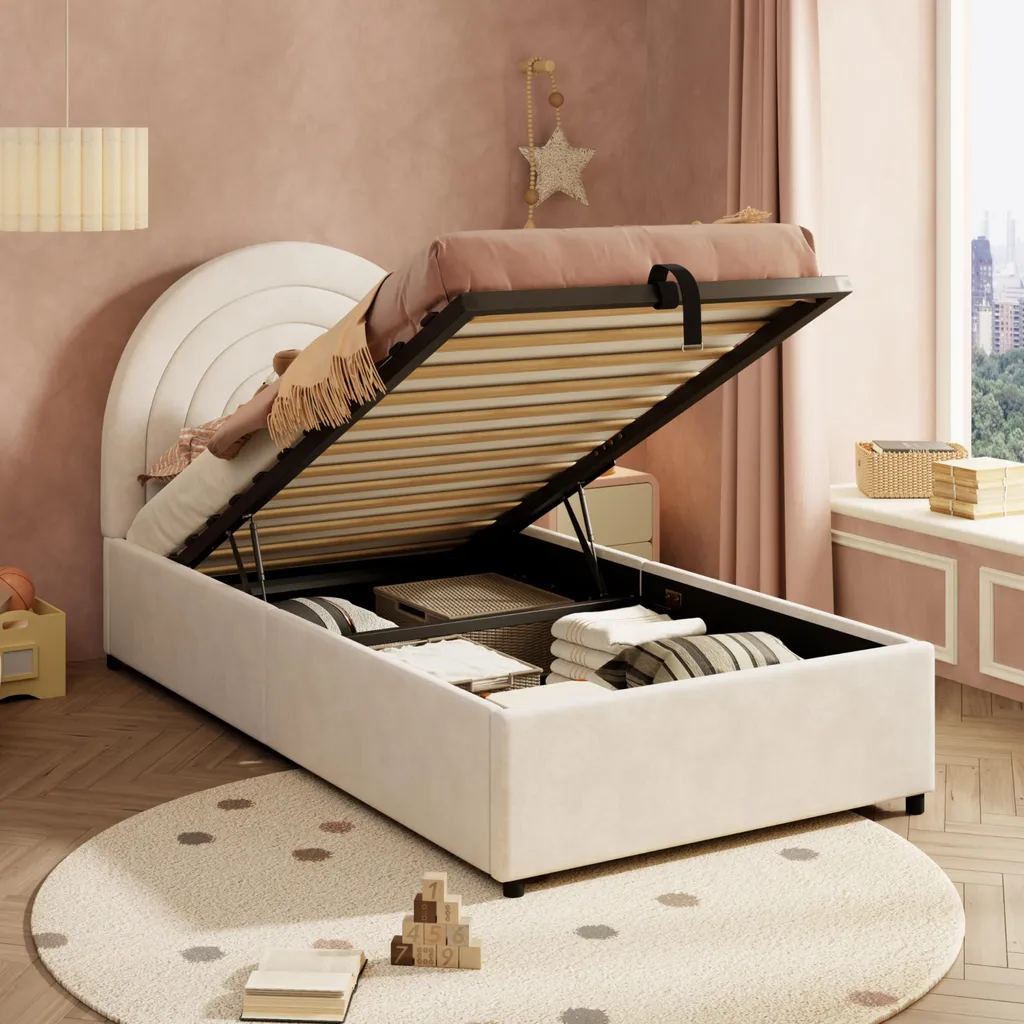 Lit Coffre 90x200 cm Velours Beige - Design Compact et Gain de Place