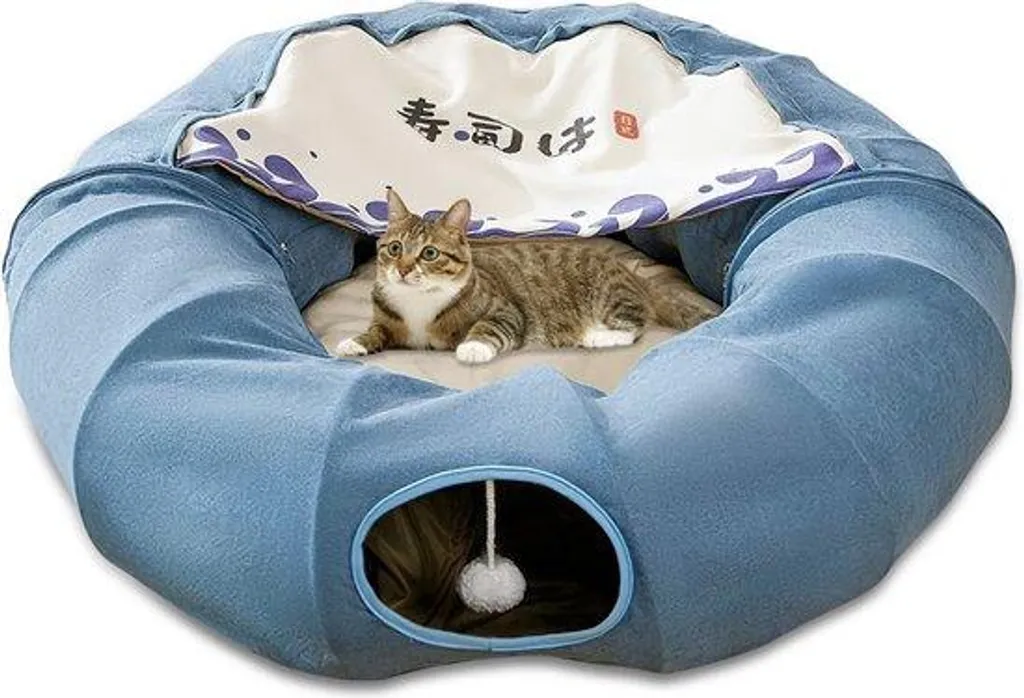 Tunnel pour chat d'intérieur bleu avec panier et boules de crabe ludiques