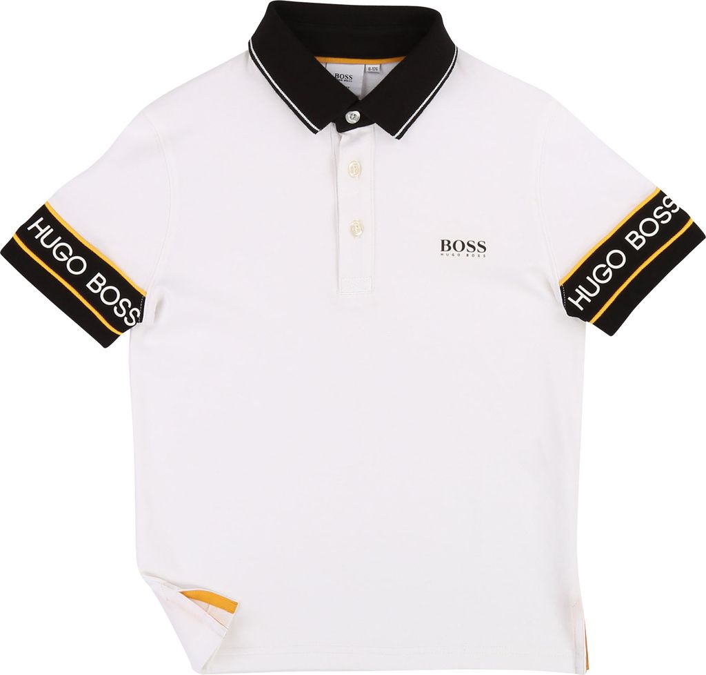 BOSS Poloshirt mit vielen Logo Details weiß schwarz in der Größe 8 Jahre