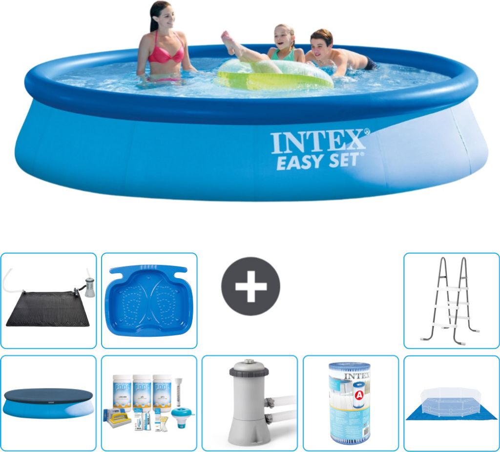 Intex runder aufblasbarer Easy Set-Pool – 396 x 84 cm – Blau – im Lieferumfang enthalten Abdeckung - Wartungspaket - Filterpumpe für Schwimm...