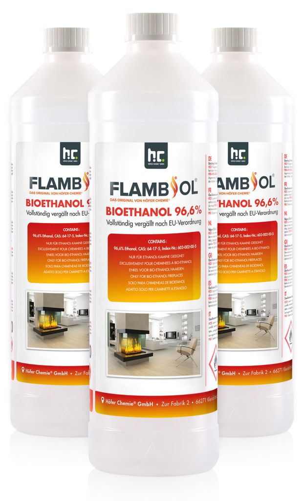 3x 1 L FLAMBIOL® Bioethanol 96,6% Premium für Produktbild 