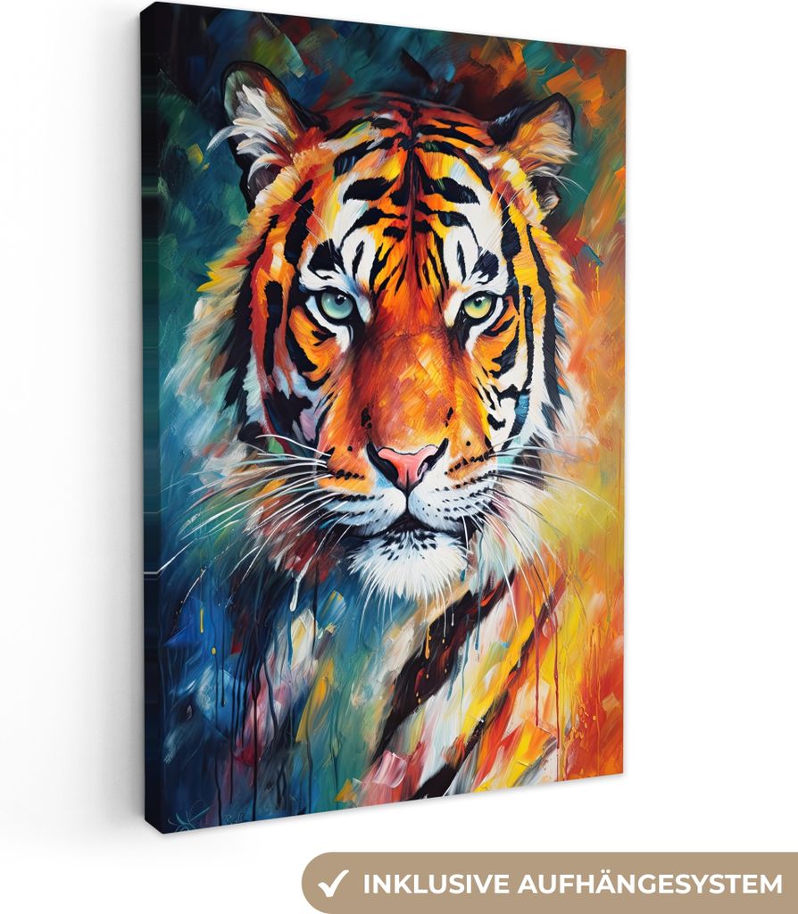 MuchoWow - Leinwandbilder - Tiger - Tiere - Ölgemälde - Kunst, Wandbild, Wanddeko Bilder Wohnzimmer, 40x60 cm