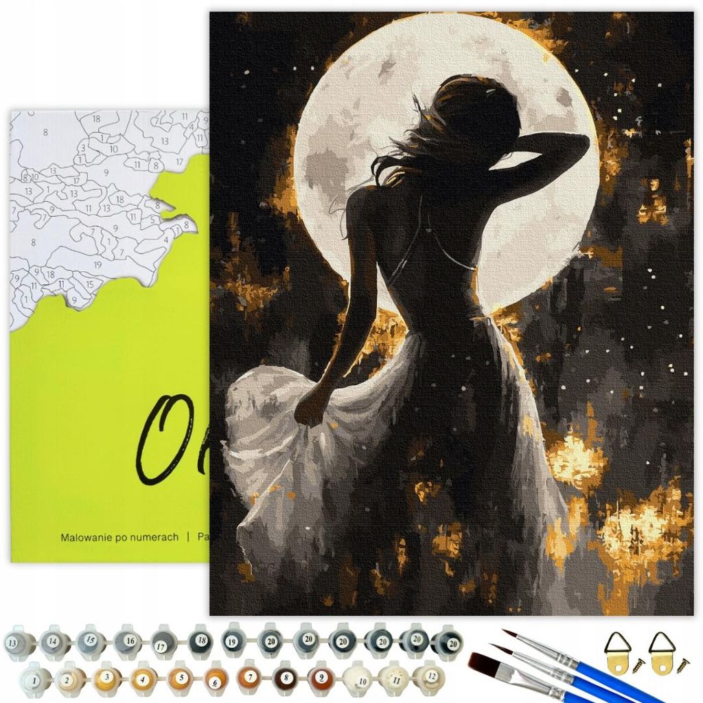 Oh Art! Malen nach Zahlen Set für Erwachsene - Frau Mond - Schwarze Leinwand mit Rahmen 40x50 cm, Acrylfarben mit Gold Effekt, 3 Pinseln und Zubehör