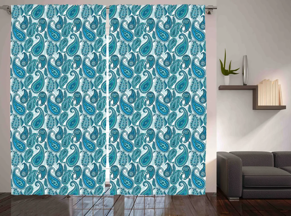 Rideau Motif Cachemire avec Crochets Bleu Aqua Antique 280 x 225 cm