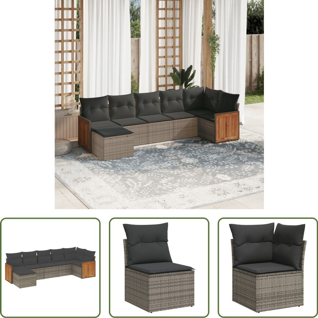 The Living Store 7-tlg. Garten-Sofagarnitur mit Kissen Grau Poly Rattan