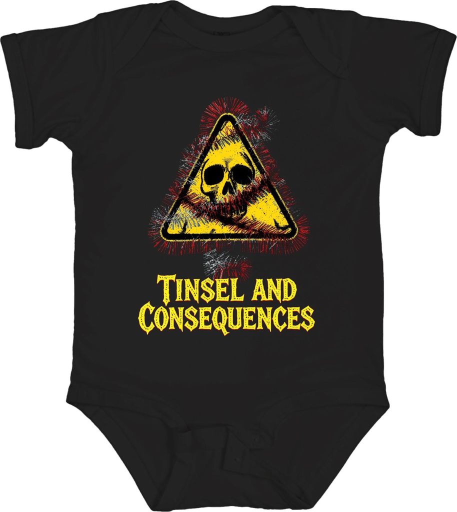 Tinsel and Consequences Totenkopf Lametta Warnschild Weihnachten Unisex Baby Body, Schwarz, 6/12
