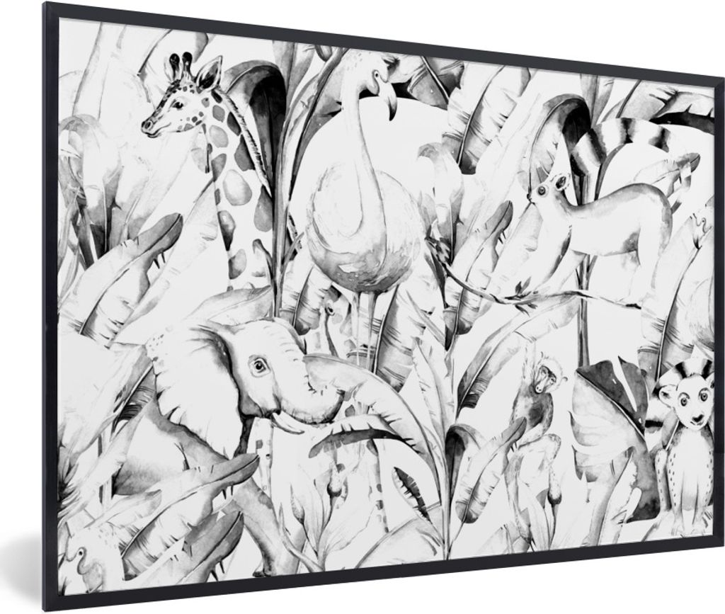 MuchoWow Gerahmtes Poster Aquarellieren - Tiere - Pflanzen - Dschungel - Jungen - Mädchen - Kinder 90x60 cm - Poster mit Schwarzem Bilderrahmen ...