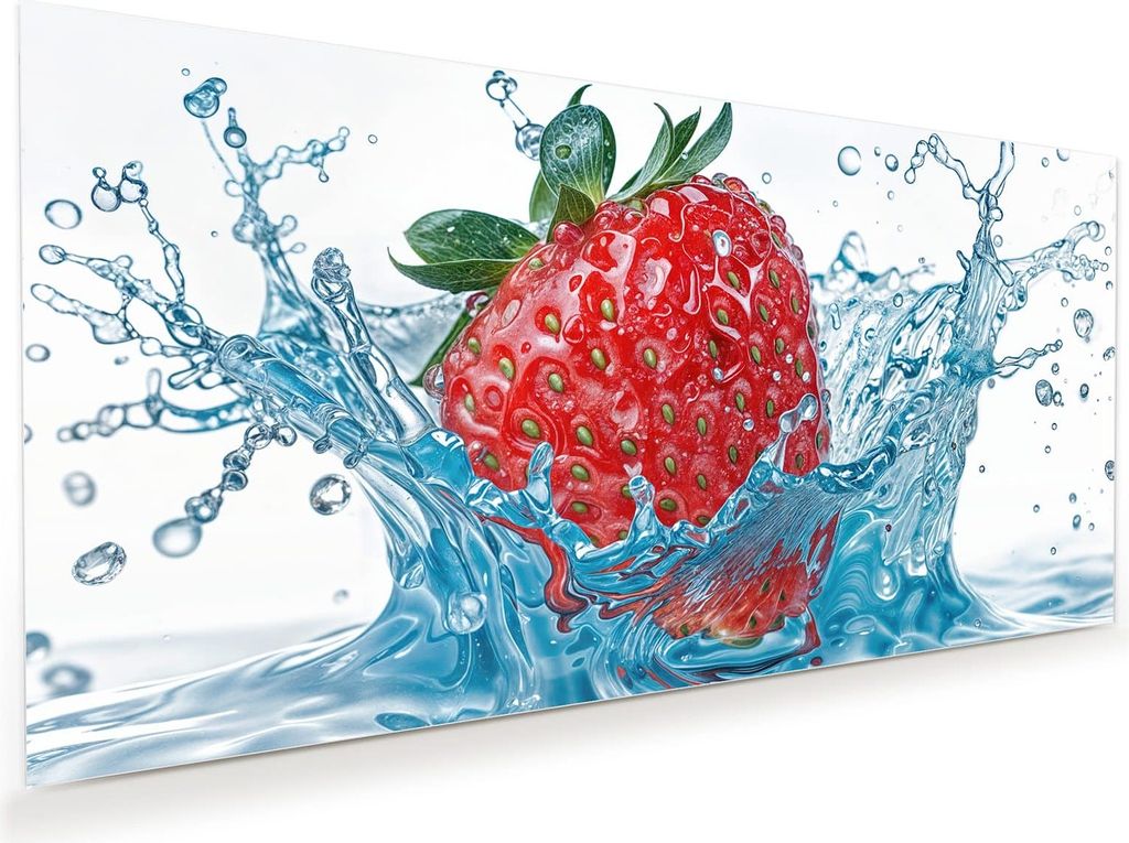 Glasbild 80x40cm in XXL für Wohnzimmer, Schlafzimmer Motiv Erdbeere Splash