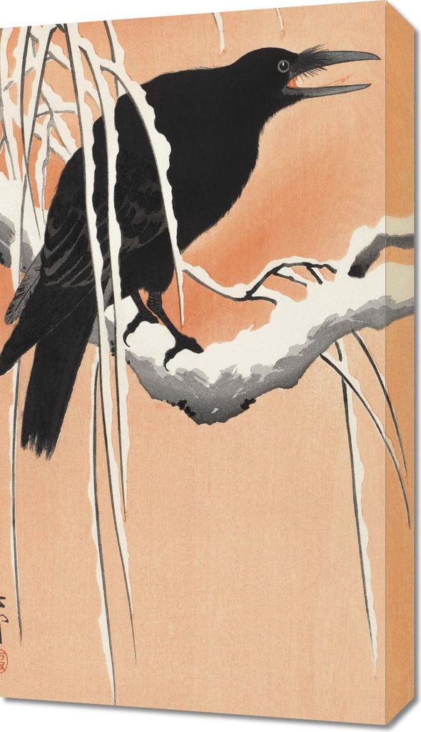 Bild 40x70cm Krähe auf schneebedecktem Ast, Japanischer Koson Vintage für das Wohnzimmer