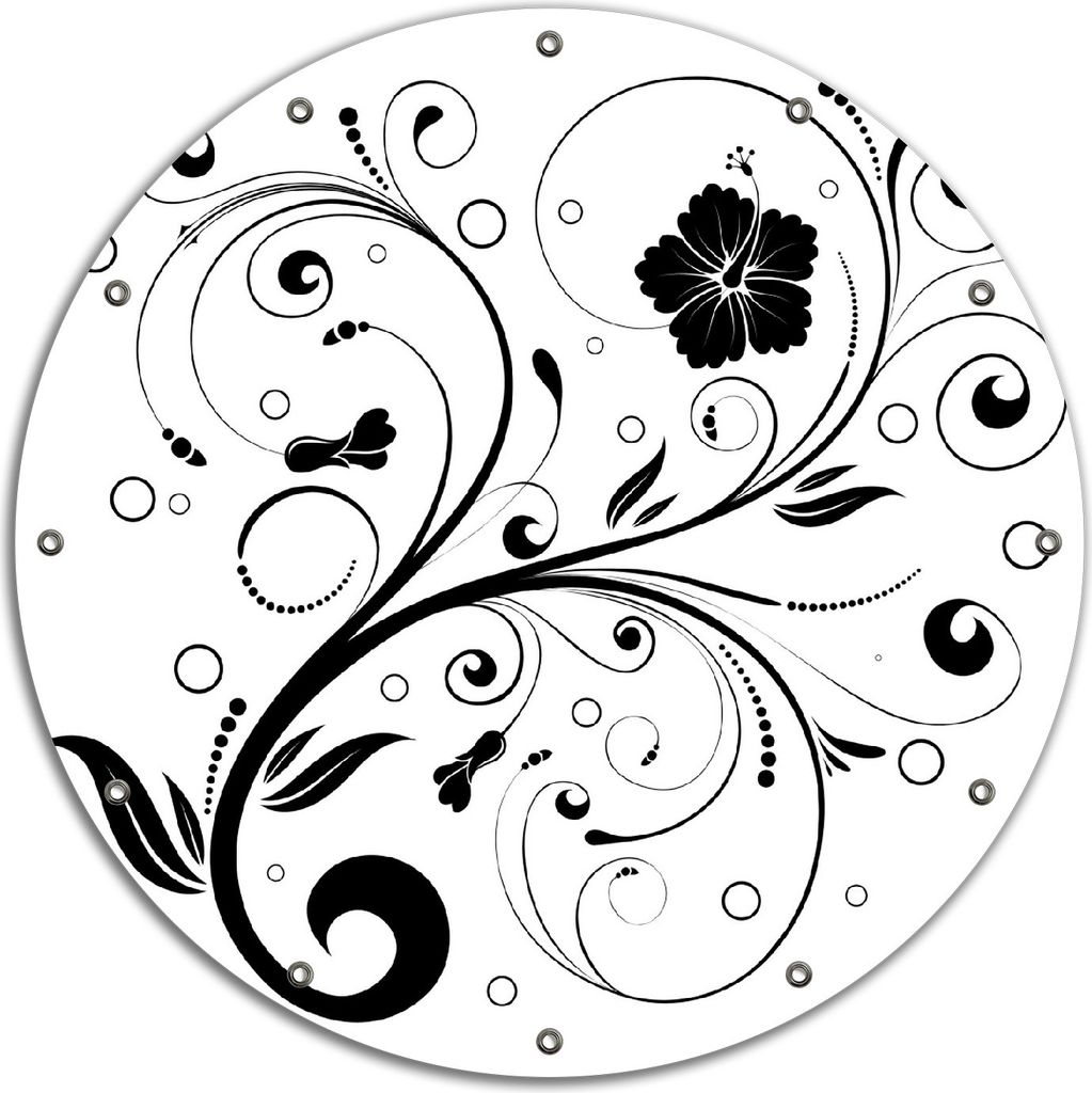 Wallario rundes Outdoor-Poster für Garten oder Balkon, Motiv Schnörkelmuster in schwarz weiß mit Blumen und Kreisen, 90 cm Durchmesser