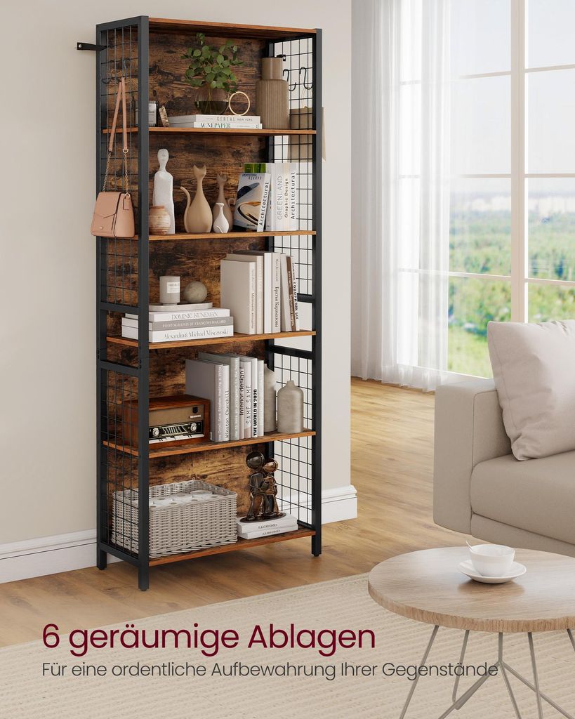 A tall, narrow bookshelf filled with books and decorative items, placed in a well-lit living room next to a window.