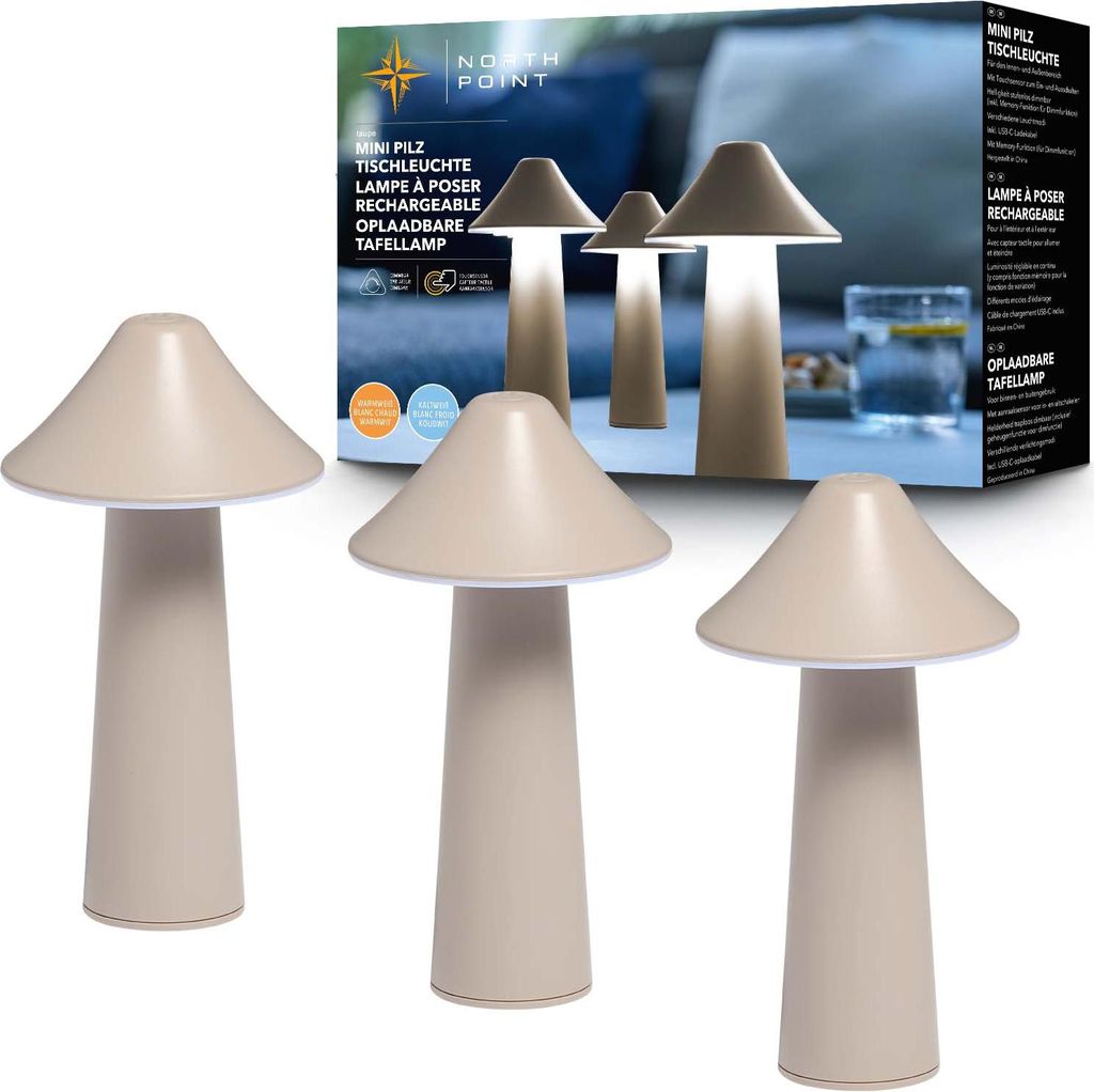 Northpoint LED Tischleuchte 3er-Set dimmbar Innen und Außen USB CCT Farbwechsel Zelt taupe