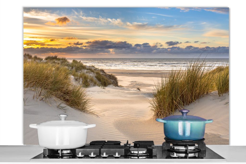 KitchenYeah Spritzschutz Küche - Küchenrückwand - Wandschutz für Herd und Spüle - Strand - Düne - Gras - Sonnenuntergang - Meer 120x80 - A...
