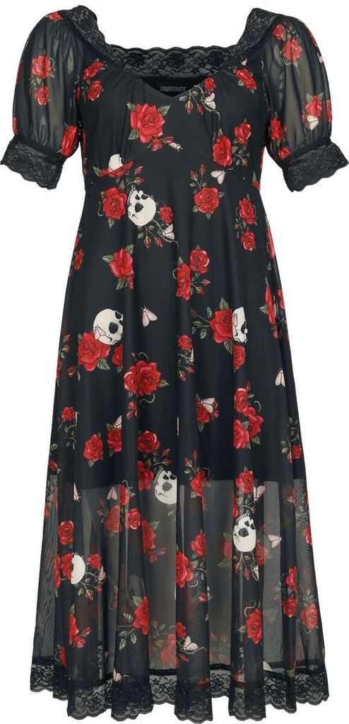 Jawbreaker Mittellanges Kleid Damen Skull And Rose Print Lace Panel Midi Dress multicolor L
